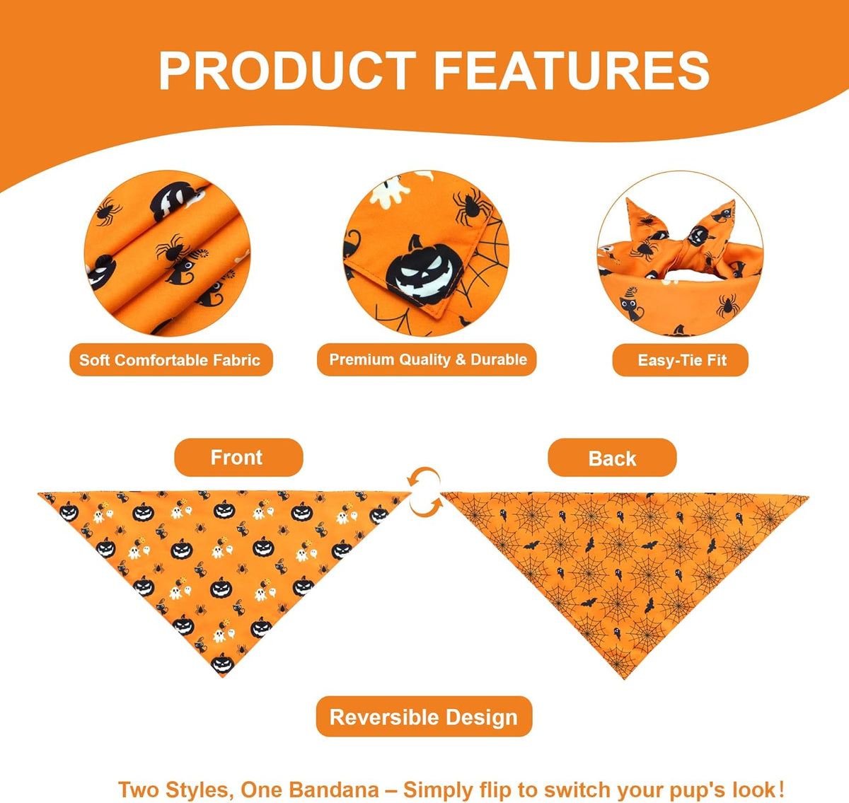 Halloween Dog Bandana for Small Dogs - Reversible Orange Jack-o-Lantern & Spiderweb Print Scarf - Soft & Quick-Dry for Costume Parties