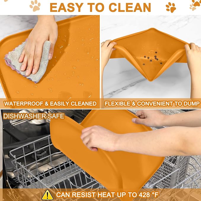 SMILOOL Waterproof Silicone Pet Food Mat with Raised Edge for Dog & Cat | 22" x 14" Non-Slip Pet Feeding Mats with Lip for Food & Water Bowl, Food Grade, Easy Cleaning, Orange