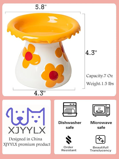 Mushroom Elevated Cat Bowls Ceramic, Cute Cat Bowls Whisker Fatigue | Raised Cat Bowl for Indoor Cats, Raised Dog Bowls Stand for Food and Water, Orange 5.8" Wide for Adult Cats