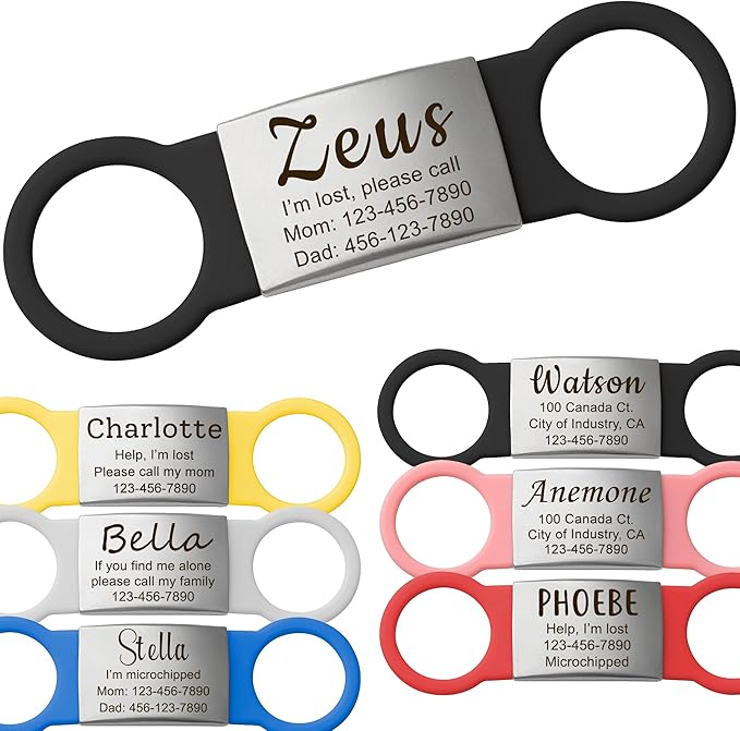Anavia Slide On Silent Pet ID Tags, S/M/L/XL Personalized Multi-Color Silicone Band Cat Dog Name Tags, Customized Engraved Stainless Steel, Chew-Proof Quiet Dog Collar Tags (X-Large, Black)