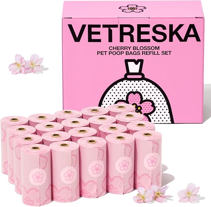 VETRESKA Cherry Blossom Scented Dog Poop Bags, Leak Proof, Extra Thick and Large Pet Waste Bags for Dog Walking and Cat Litter, 20 Refill Rolls, 300 Bags, Pink