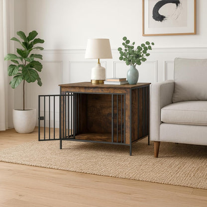 Dog Crate Furniture 40" Sturdy Heavy Duty Dog Kennel Solid Metal Tube Thick Wooden with 3 Lockable Doors Single Dog Cage Large Breed as TV Stand End Table for Large Dog Rustic Brown
