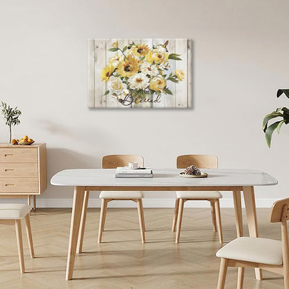 Sunflower Bathroom Pictures Wall Art, Simple Blessed Floral Bathroom Wall Decor, Flower Framed Painting Canvas Artwork for Bedroom Living Room Decorations 24"L x 16"W