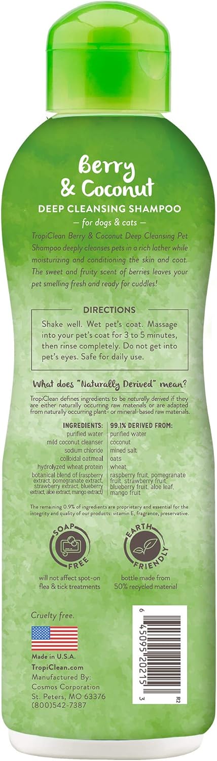 TropiClean Deodorizing Dog Shampoo for Smelly Pets, Long Lasting Odor Control, Puppy Safe, Made in the USA, Berry Scent, Cat Friendly, 20oz.