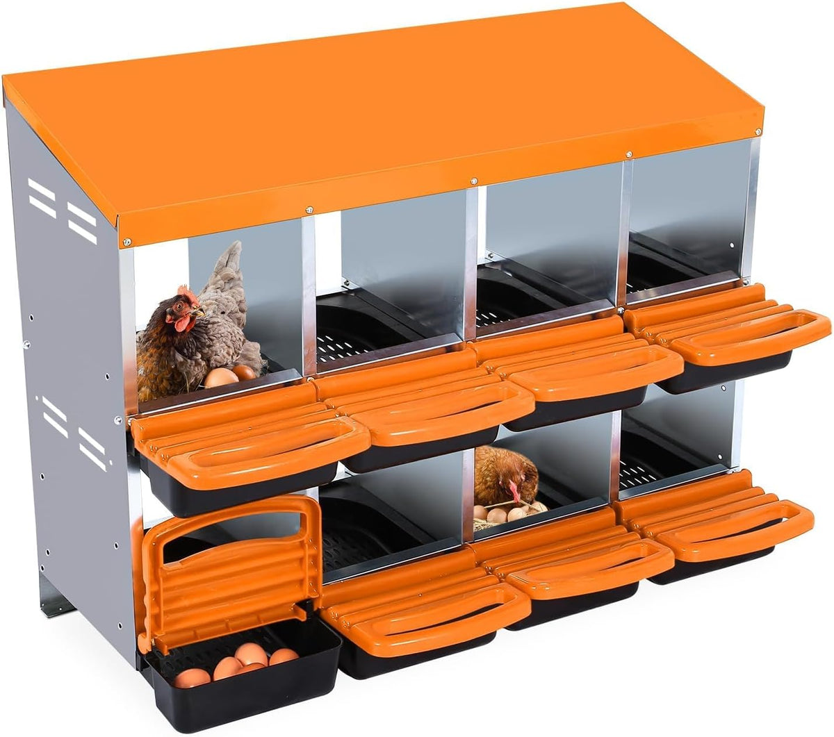 Chicken Nesting Boxes, 8 Hole Metal Chicken Laying Box with with Removable Trays and Roll Out Egg Collection for Chicken Coop, Orange