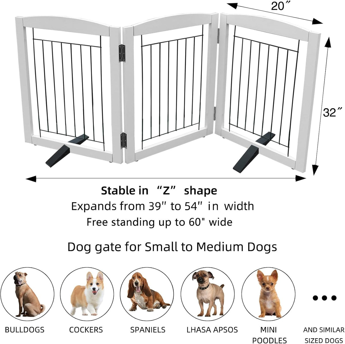 ZJSF Freestanding Dog Fence Indoor, Foldable Dog Gate for Doorways, Stairs or Hallways, Sturdy Wood Extra Wide Pet Gate with Support Feet for The House, White, 32 "Height-3 Panels