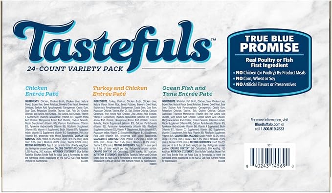 Blue Buffalo Tastefuls Wet Cat Food Paté Variety Pack, Made with Natural Ingredients, Chicken, Turkey & Chicken, Ocean Fish & Tuna Entrées, 5.5-oz Cans (24 Count, 8 of Each)