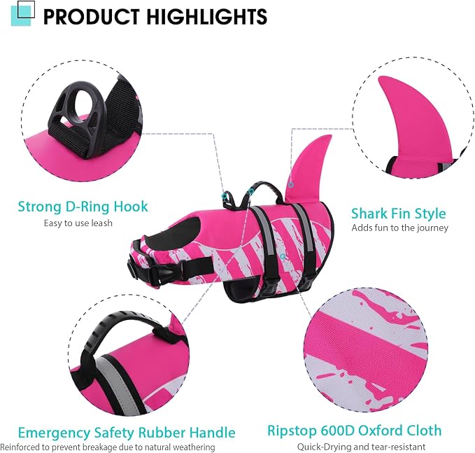 Dog Life Jacket High Flotation, Reflective Dog Life Vest for Swimming, Adjustable Dogs Life Preserver Rescue Handle Spring Summer Pool for Small, Medium, Large Dogs (Pinkwhite,S)