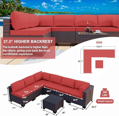 Kullavik 7 Pieces Outdoor Patio Furniture Set,Sectional Rattan Sofa Set Brown PE Rattan Wicker Patio Conversation Set with Tempered Glass Coffee Table and Washable Cushions Covers,Red