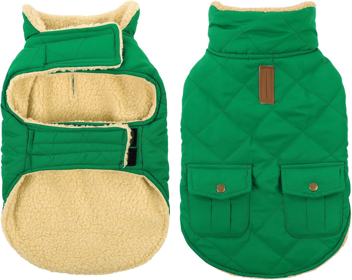 Queenmore Warm Dog Coat, Cold Weather Puffer Dog Coat Vest, Quilting Winter Pet Jacket Ultra Thick Plush Fleece Lining Pet Clothes for Dogs with Storage Pockets (Forest Green, X-Small)