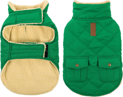 Queenmore Warm Dog Coat, Cold Weather Puffer Dog Coat Vest, Quilting Winter Pet Jacket Ultra Thick Plush Fleece Lining Pet Clothes for Dogs with Storage Pockets (Forest Green, X-Small)