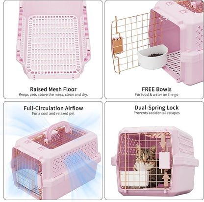 RIZZARI XS Pet Carrier for Small Cats & Dogs, Hard-Sided Travel Crate | Fits Pets Up to 10 lbs,Compact Travel Size,Secure Locking Door,Fresh Air Ventilation,Includes Food Bowl,Great for Vet Visits