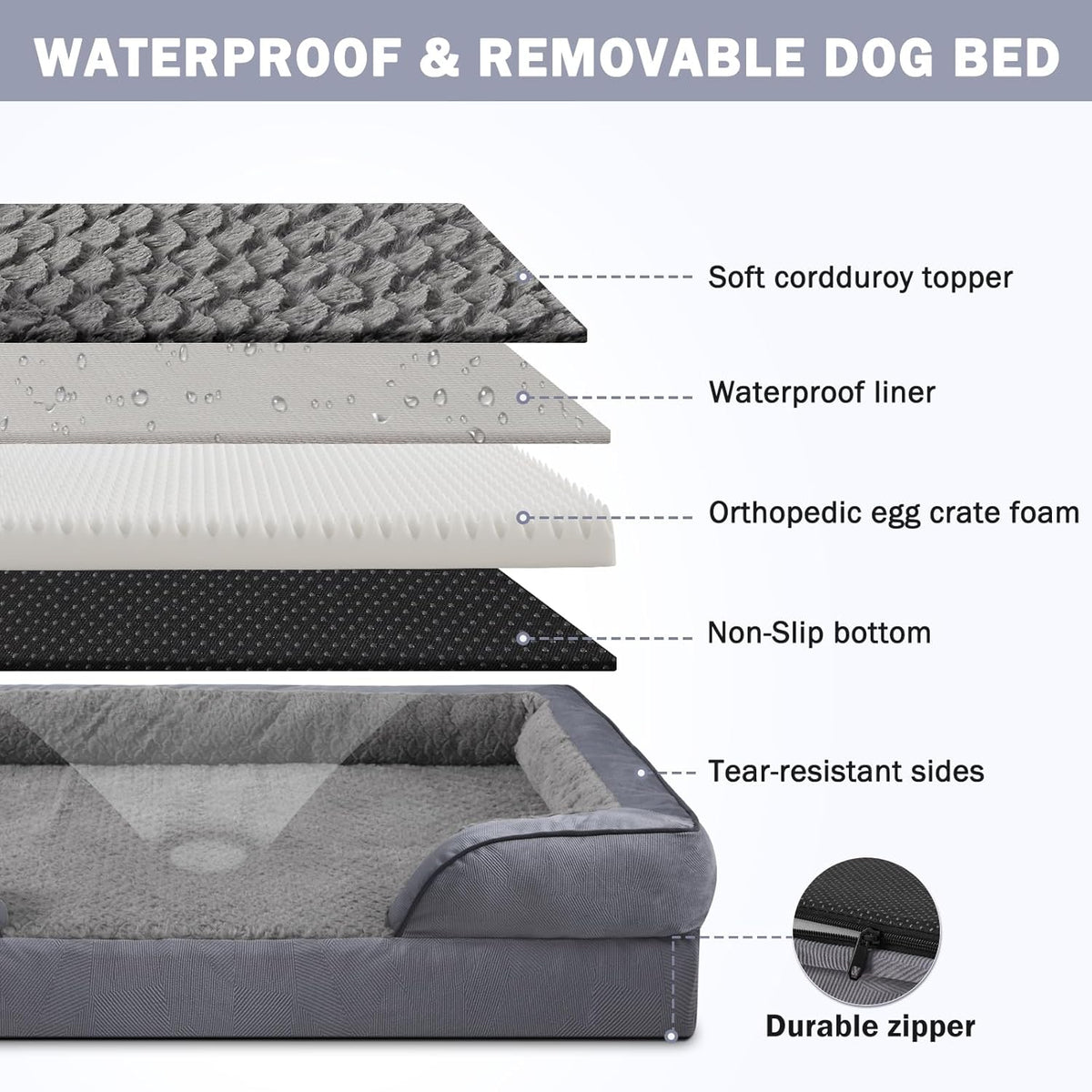 INVENHO Orthopedic Large Dog Bed, Washable Waterproof, Egg-Crate Foam Dog Couch Bed with Washable Removable Cover, Waterproof Lining and Nonskid Bottom