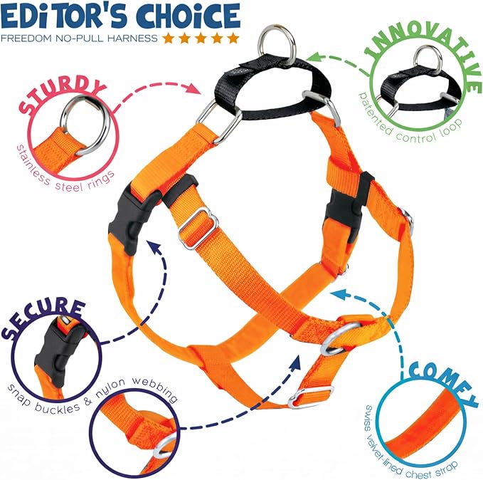 2 Hounds Design Freedom No Pull Dog Harness, Adjustable Harness and Leash Set, Easy Walking & Comfortable Control, Fits Small, Medium & Large Dogs, Solid Colors, Made in USA, 5/8" MD, Neon Orange