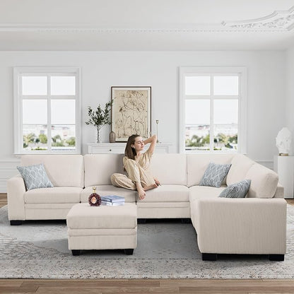 Legend Vansen Oversized Modular Sectional Sofa,7 Seat U Shaped Couch with Ottoman,Corduroy Sofa with Deep Seat,Convertible Large Sectional Couches for Living Room(Cream, L-7)