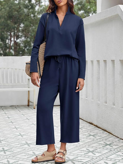 Imily Bela Womens 2 Piece Outfits Sweatsuit Long Sleeve Lapel V Neck Shirt and Wide Leg Pants 2025 Fall Trendy Tracksuit
