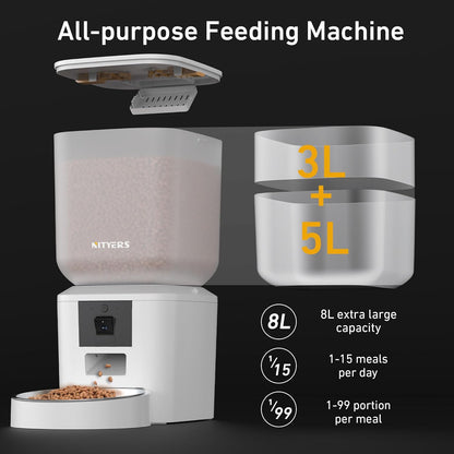 Automatic Dog & Cat Feeder with Camera & WiFi – 8L/34 Cups, 1080P Night Vision, 2.4 & 5G WiFi, 2-Way Talk, 10s Voice Recording, Timed Food Dispenser, Up to 99 Portions, 15 Meals Per Day