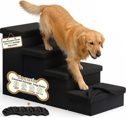 4-Step Wide Dog Stairs 23" H with Removable Cover, Non-Slip Storage Pet Steps for High Bed Couch, Pet Stairs for Small/Medium/Large Old Dogs Puppy Up to 220lbs, Cat Dog Steps for Car, Black