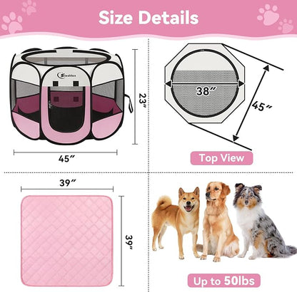 Siedihit Dog Pet Playpen Tent Crate Cage with Washable Pee Pad, Large Pink | Travel Camping Portable Pop Up Easy to Set up lightweight dog Kennel with Carrying Bag for Indoor/Outdoor Wide applicability