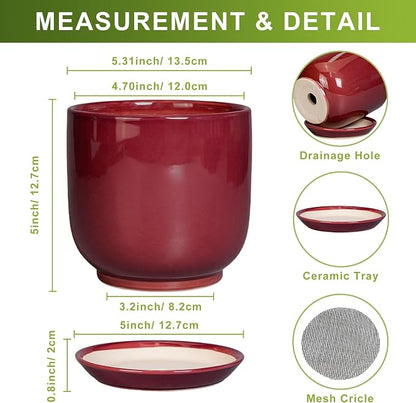 Ceramic Plant Pot - 5 Inch Modern Round Planter for Indoor Plants with Drainage Hole and Saucer, Patio Office House Room Bathroom Decor, Red