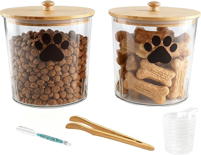 2 Pack Airtight Dog Treat Container,85oz Dog Cat Food Storage Container with Bamboo Lids,Puppy Cookie Jar,Up to 5~6LB,Pet Treat Canister with Scoops,Food Tong,Pen-Round