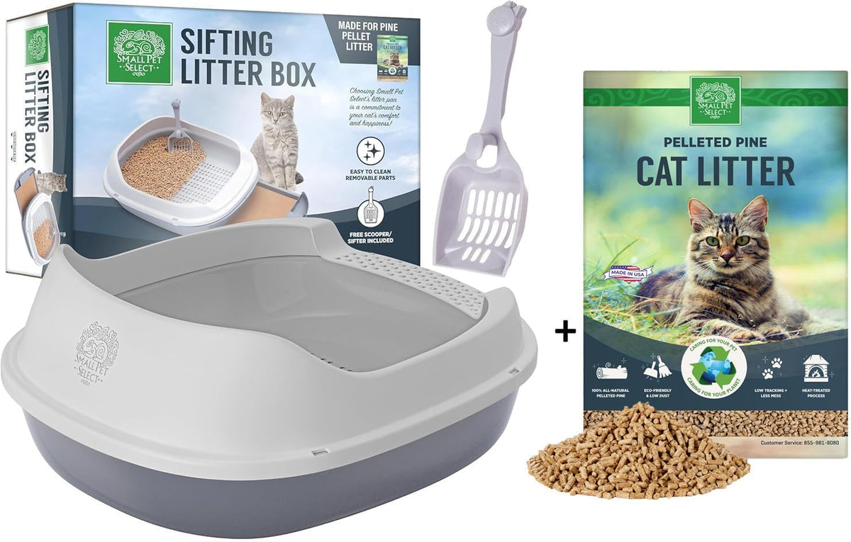 Small Pet Select- Sifting Cat Litter Box and Free 8lb Pine Pellets Combo, with 5 Free Pee Pads and Free Litter Scoop, Premium System for Cats, Tidy and Easy to Clean