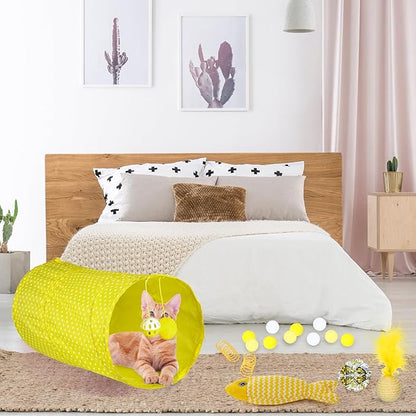 24 Pcs Cat Toys Set Interactive Kitten Toys Pack Including Collapsible Play Tunnel Feather Teaser Wand Fuzzy Ball Springs Pillow Mouse Bells for Indoor Cats Puppy (Yellow,Cute)
