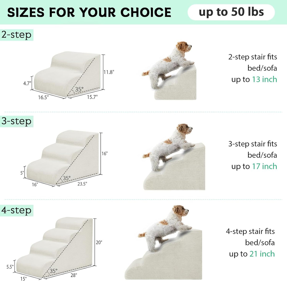 Dog Stairs & Steps for High Beds, 2 Steps High Density Foam Waterproof Dog Ramp for Small Dogs and Cats, Pet Stairs with Washable Cover for Bed, Couch, Sofa and Car, Beige (H: 11.8")