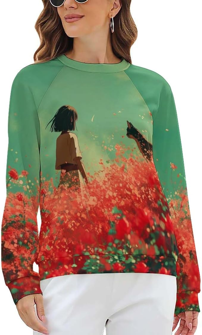 Long Sleeve Shirts for Women Cat Oil Painting Shirt 3D Graphic Sweatshirts Fall Pullover Crewneck Vintage Boho Tops