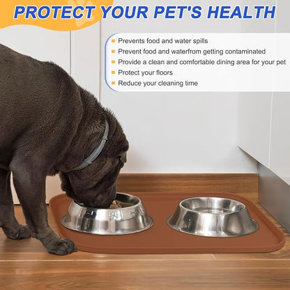 SMILOOL Waterproof Silicone Pet Food Mat with Raised Edge for Dog & Cat | 22" x 14" Non-Slip Pet Feeding Mats with Lip for Food & Water Bowl, Food Grade, Easy Cleaning, Brown