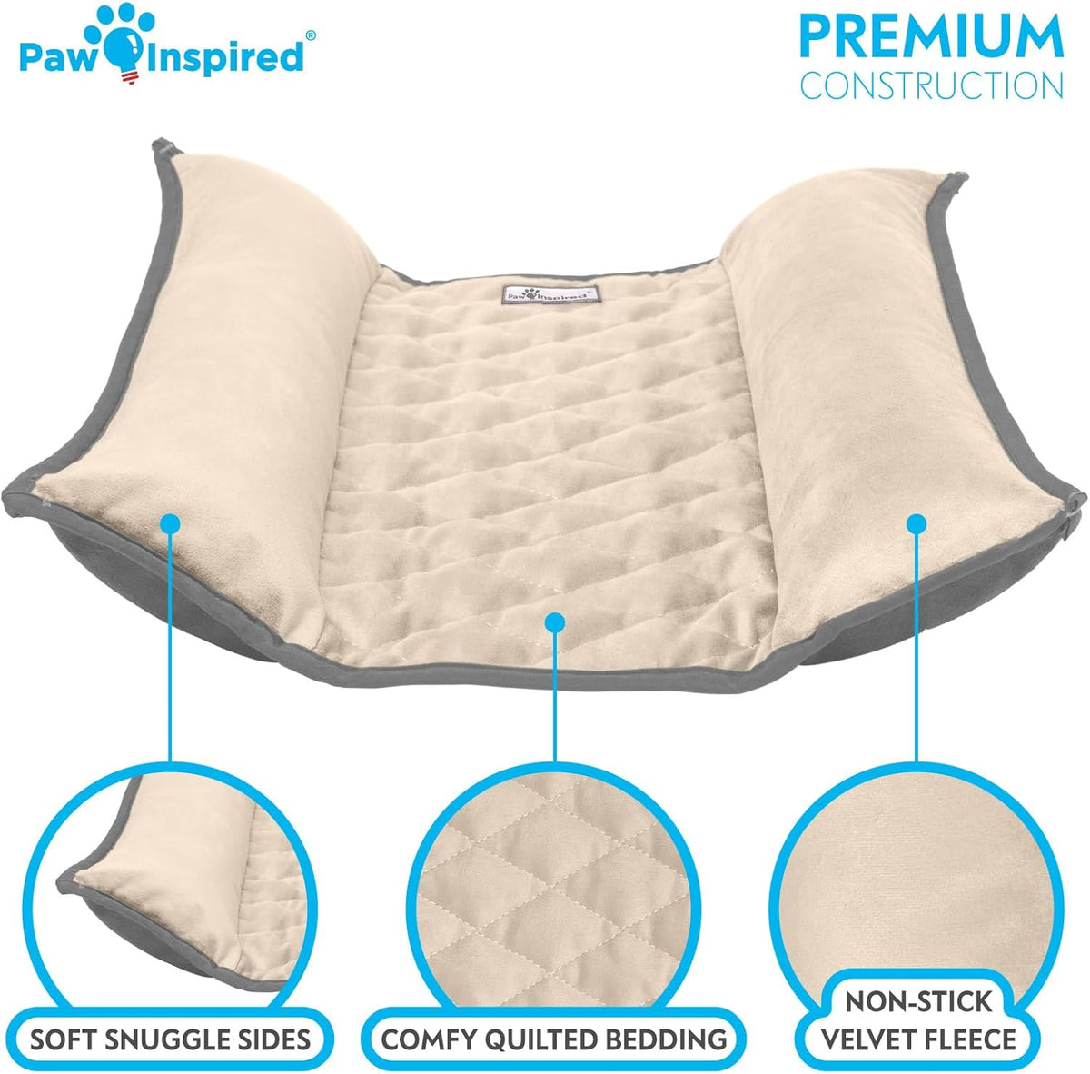 Paw Inspired Snuggle Bunny Bolster Bed for Rabbits, Cats, Dogs and Other Small Pets, Reversible Fleece Flop Bedding with Padded Sides (Gray/Beige)