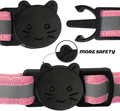 BANMODER 2 Pack Reflective Cat Collar Breakaway with Bell,Personalized Kitten Collars,Adjustable Safety Buckle Collar for Male Cats Girls & Boys (Pink)