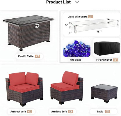 Kullavik 15 Pieces Outdoor Patio Furniture Set with 43" Gas Propane Fire Pit Table PE Wicker Rattan Sectional Sofa Patio Conversation Sets,Red Cushions