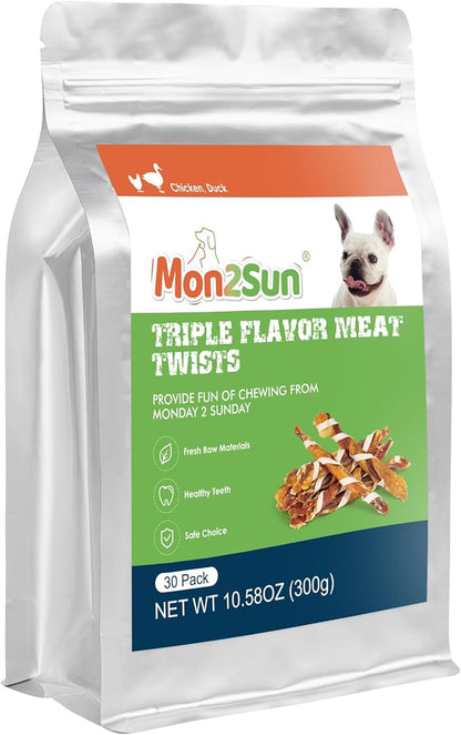 MON2SUN Dog Treats, Triple Flavor Jerky Twist Sticks, 4.5-5 Inch Chicken Duck and Codfish Sticks Chews for Small Dogs, Healthy Snacks, 10.58 oz (30 Count-Pack of 1)