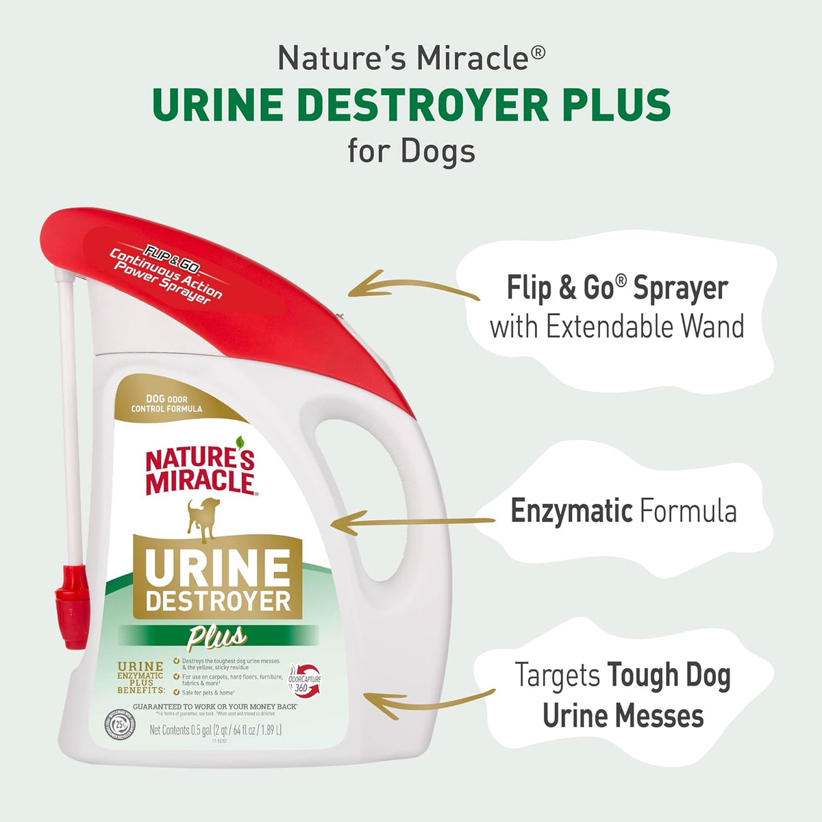Nature's Miracle Urine Destroyer Plus for Dogs with Flip & Go Sprayer, 64 Ounces, Enzymatic Formula for Dogs Powers Out Tough Dog Urine Messes and Yellow, Sticky Residue