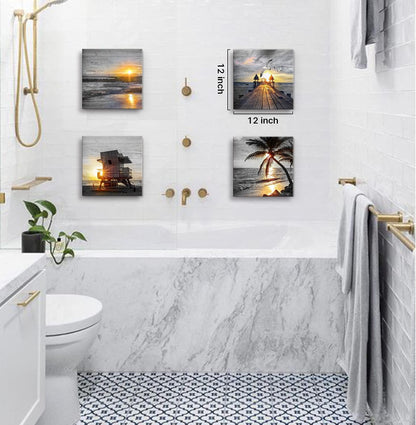 Yxbhhym- Bathroom Wall Art Black and White Gold Beach Wall Art Ocean Canvas Print Sunrise Sunset Seascape Scenery Painting Poster Framed Picture Bedroom Wall Decor Living Room Office Wall Decoration