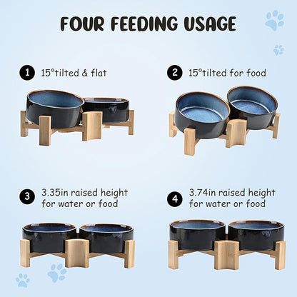 SPUNKYJUNKY 15° Slanted Ceramic Dog and Cat Bowl with Wooden Stand, Tilted Bulldog Food and Water Bowl No Slip Non-Spill for Cats Medium Dogs Big Face Pets 13.5 OZ (1.7 Cups, Starry Blue × 2)
