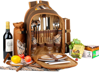 Apollo Walker Picnic Backpack Bag for 4 Person with Cooler Compartment,Wine Bag, Picnic Blanket(45"x53"),Best for Family and Lovers Gifts (Brown)