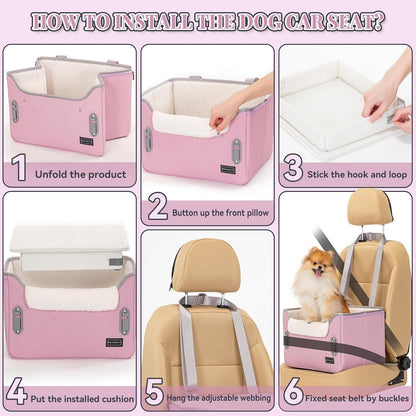 PETSFIT Dog Car Seats for Small Dogs, Portable Puppy Car Saet for Car with Clip-On Leash, Adjustable Straps Suitable for Small Pets Up to 25lbs (Light Pink)