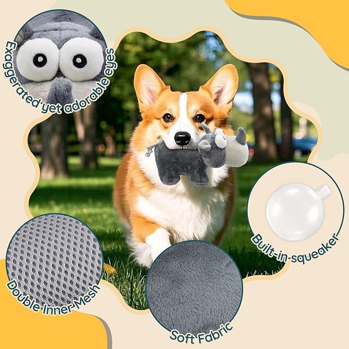 Squeaky Dog Toy Cute Chew Toys with Crinkle Paper Durable Hours of Fun for Small Puppy Middle and Large Dogs Stuffed Toys Rhinoceros
