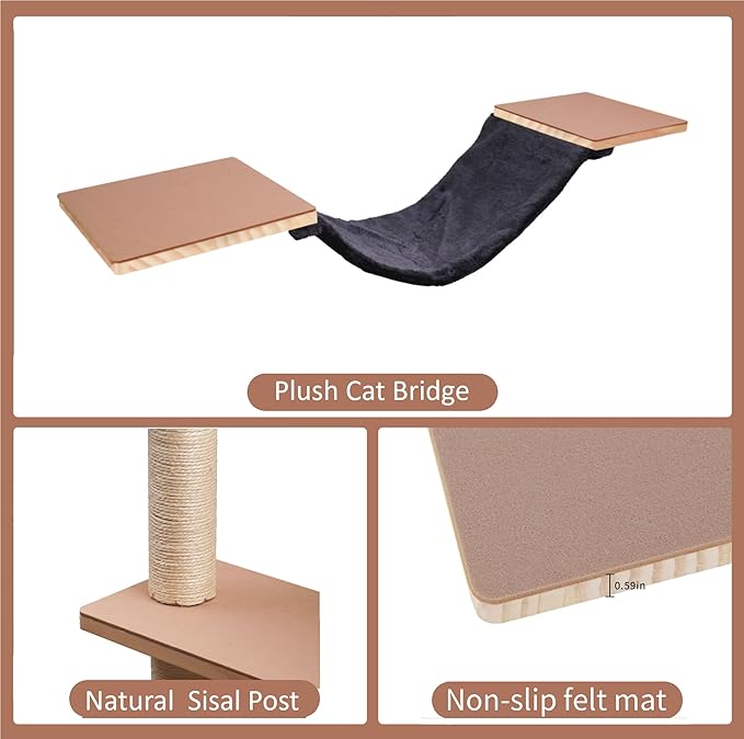 Wall Mounted Cat Climber Set, Solid Wood Cat Wall Shelves with Scratching Post,Hammock,Jumping Boards,Steps,Condo and Felt Pads, Suit for Cats Climb, Jump, Nap, Scratch-Dark
