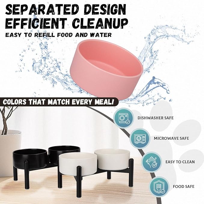 Raised Ceramic Dog Bowl Set with Stand, 3.5 Cups Elevated Dog Food Stand | 6.1'' Double Dog Food and Water Bowl Set, Non-Slip Dog Feeding Dishes for Small to Medium Breeds, 29.57 OZ, Pink