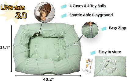 XxingSheep 4 Ways Shuttled XL Cat Tunnel Bed for Indoor Cats Peekaboo Cat Cave Donut with Cool Mat (Green)