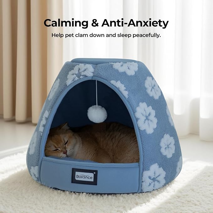 BALANCE Cat Beds for Indoor Cats, 2-in-1 Cat Bed Cave with Anti-Slip Bottom and Ultra-Soft Plush, Cozy Cats House Tent for Kittens and Small Dogs, 21 Inches, Blue