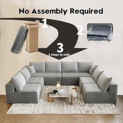 139.4" Modular Sectional Sofa Couch, Oversized U-Shaped Minimalist Couches with 4 Middle Seats Chaise, Modern Deep Seat Cloud Plush Corduroy Sofas Set for Living Room, 8 Seater, Grey