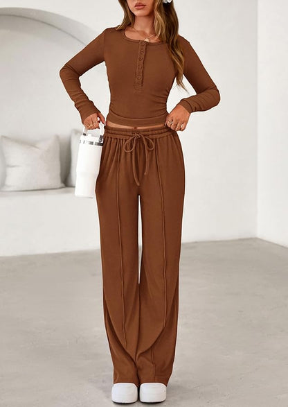 PRETTYGARDEN Women's 2026 Fall Trendy 2 Piece Outfits Lounge Sets Long Sleeve Top Henley Shirts Wide Leg Pants Travel Clothes