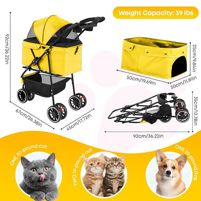 Pet Stroller,Dog Stroller for Small Medium Dogs Cats,3 Wheels,Yellow | Foldable,with Breathable Mesh Canopy,Cup Holders,Easy Assembly