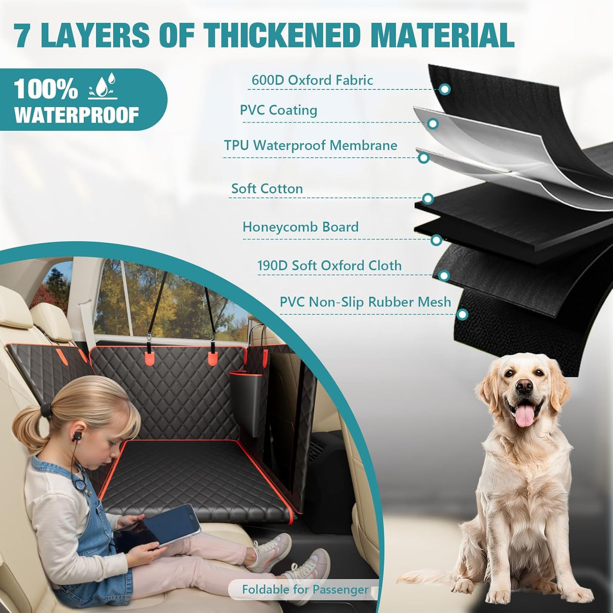 Waterproof Dog Car Seat Cover for Back Seat – Heavy Duty Back Seat Extender for Dogs with Hard Bottom, 7-Layer Protection, Non-Slip & Scratchproof, Easy to Install (Red)