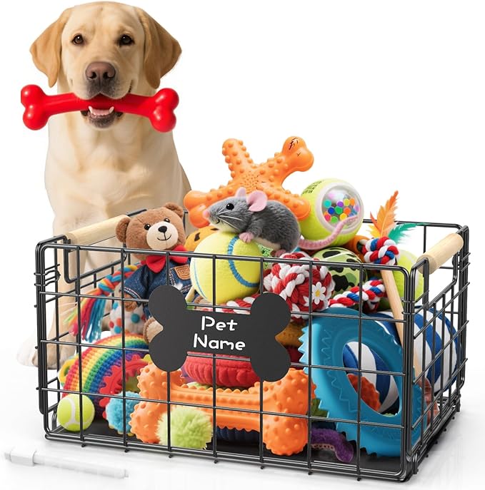 Dog Toy Basket, Chew-Proof Metal Dog Toy Bin with Handles, Pet Stuff Storage Organizer Box for Dogs with Marker Pen, Portable & Foldable Puppy Toys Basket for Living Room, 15.8''×11.8''×11.8''