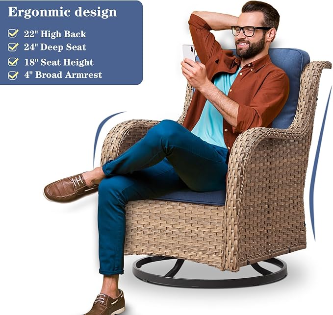 Belord Outdoor Swivel Rocker Patio Chairs - 360 Degree Swivel Glider Seating 350LBS Weight Capacity 3 Piece Wicker Rocking Chairs Set with Side Table for Porch Balcony Deck, Yellow/Blue